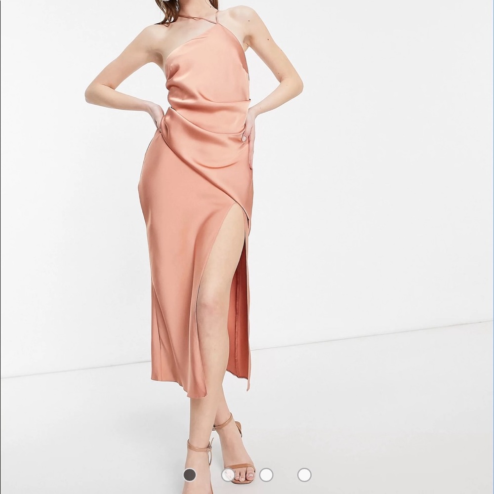 ASOS design one shoulder pink satin slip dress 10 midi drape